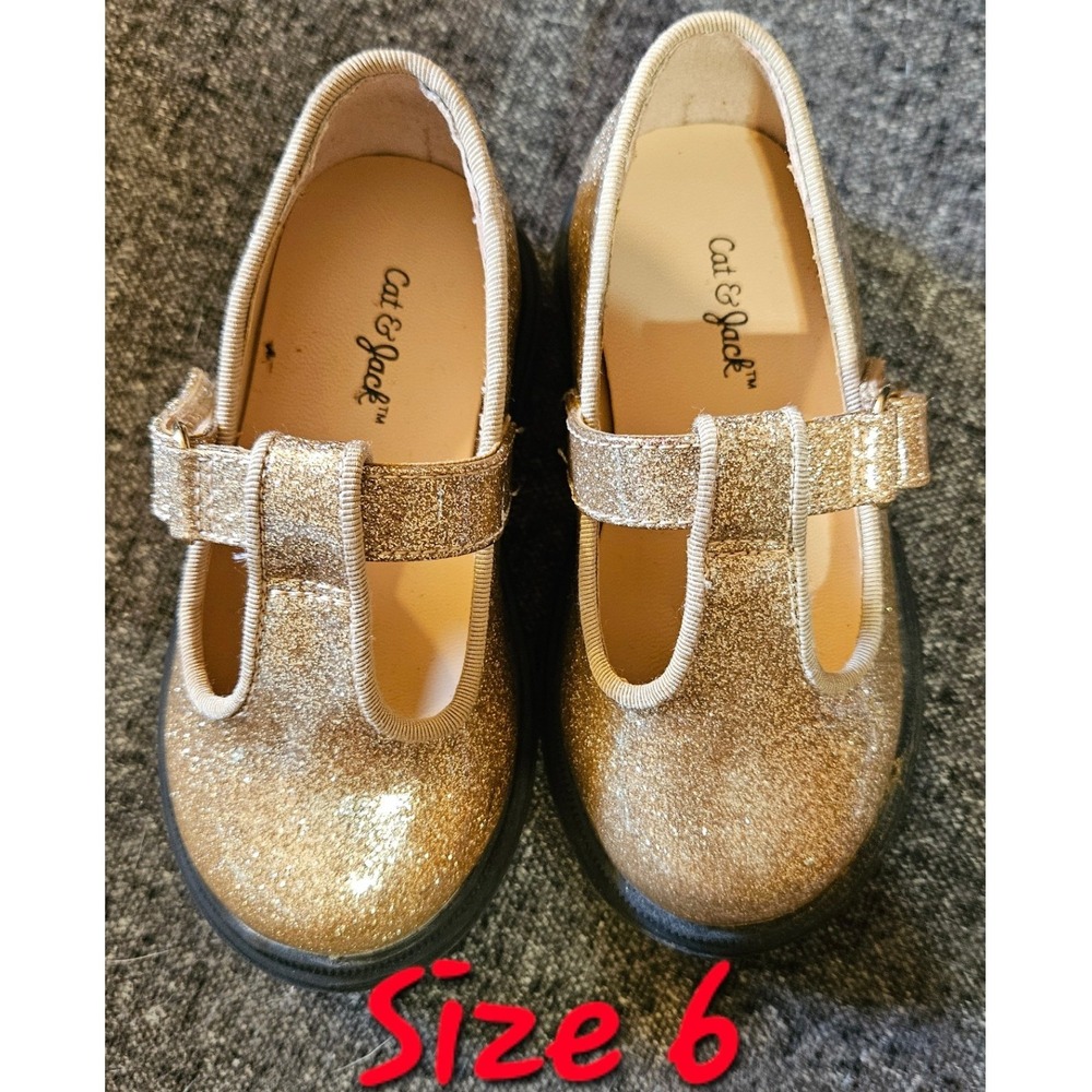 Cat & Jack Girls Gold Glitter Mary Jane T-Strap Dress Shoes Size 6 Toddler